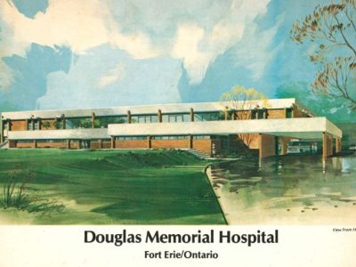 A post card of the back of Douglas Memorial Hospital