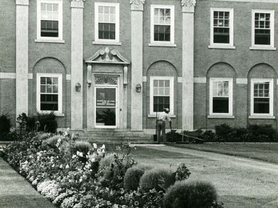 A historic photo of the front of Douglas Memorial Hospital.